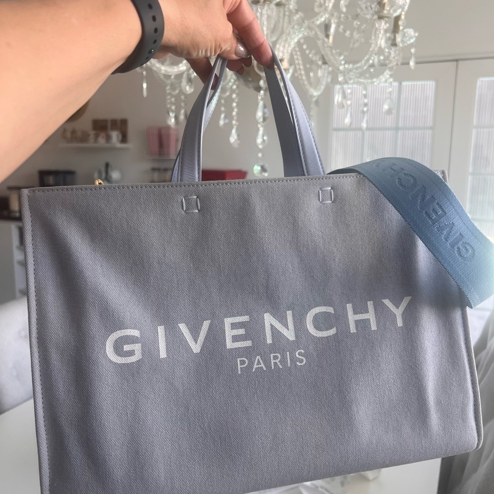 Givenchy Light Gray Canvas Logo Tote with Blue Strap